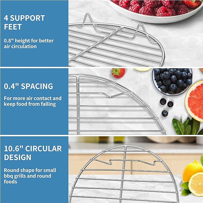 Herogo Round Cooling Cooking Rack Set of 2, 10.6 Inch Stainless Steel Large Grilling Steaming Baking Rack for Oven Pot Pressure Cooker Canning, Rust Free, Dishwasher Safe