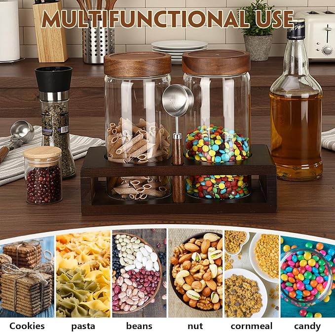 Suclain Glass Coffee Grounds Container with Shelf 2 x 44 oz Glass Coffee Bean Storage Canisters with Airtight Thread Lid and Measuring Spoon Food Storage Jars for Kitchen Sugar(Plain Style)
