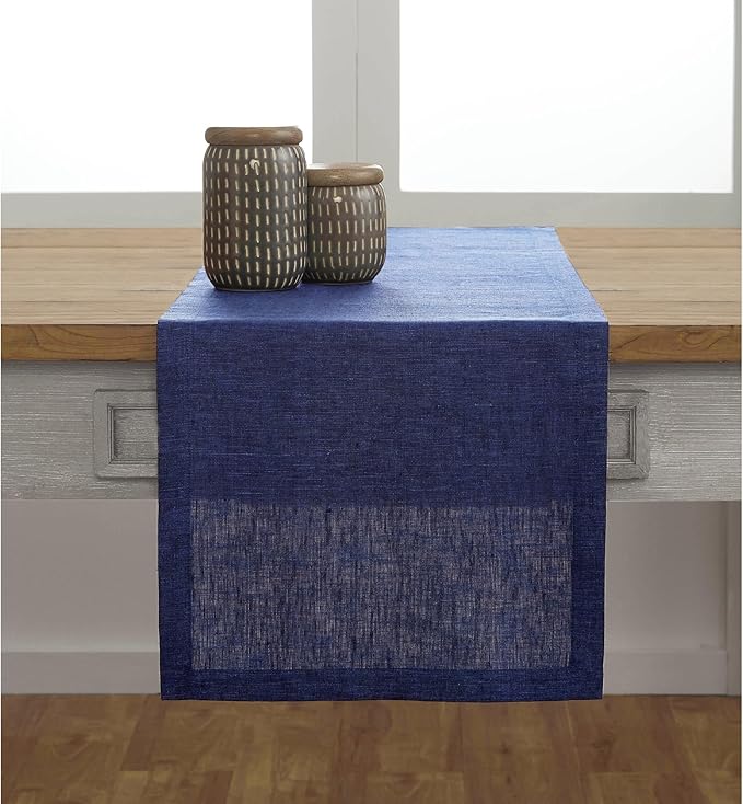 Solino Home Linen Chambray Navy Table Runner 132 Inches Long - Athena, 100% Pure Linen Dining Table Runner 14 x 132 Inch for Spring, Summer, 4th of July