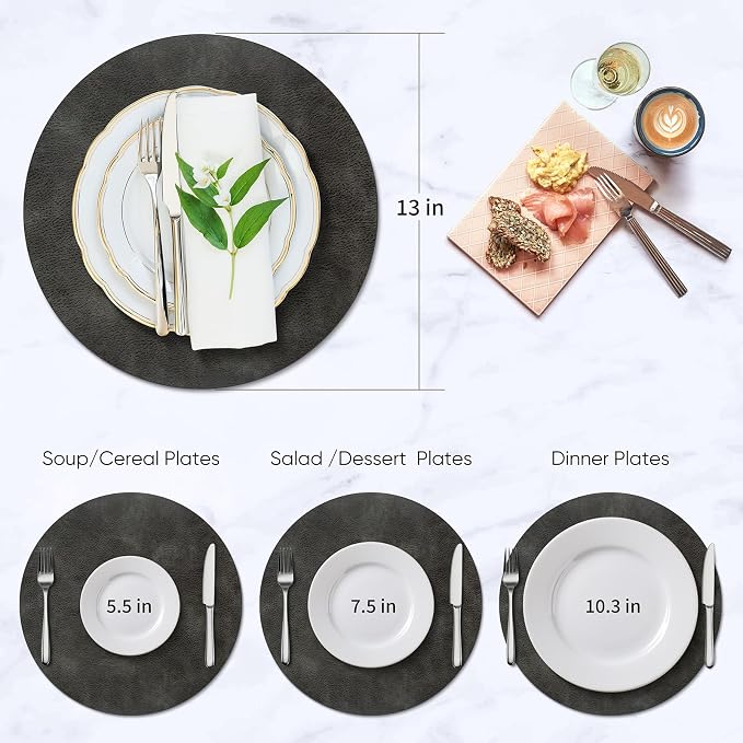 ADRIMER Placemats, Heat Resistant Round Placemats Set of 4 Washable, Waterproof Table Mats, Wipeable Faux Leather Place Mats for Kitchen, Dining Room, Dark Grey