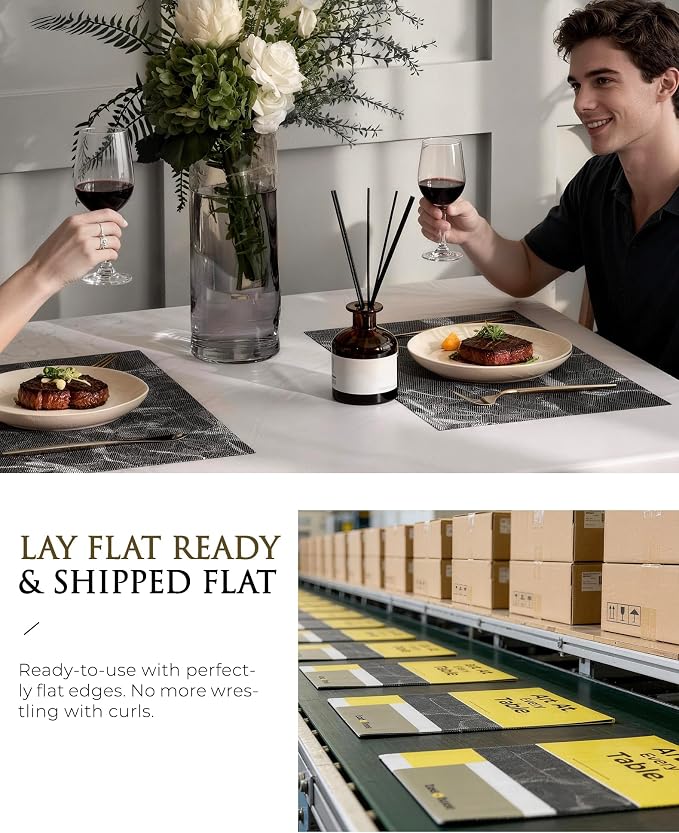 Leetaltree Reversible Marble Placemats Set of 12 - Ships Flat and Stays Flat, Durable Washable Vinyl PVC Placemats, Heat Resistant, Easy Wipe Clean (Black Marble Pattern)
