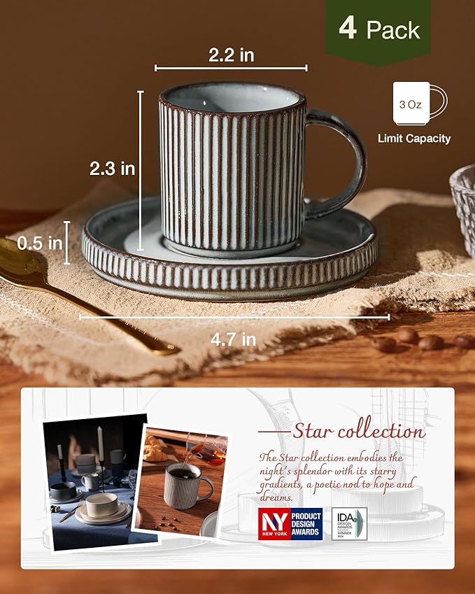famiware Star Espresso Cups and Saucers Set of 4, [ Mini ] 3 oz Ceramic Small Coffee Mug with Handle, Ribbed Stoneware Demitasse Cup for Tea, Latte - Microwave & Dishwasher Safe - Smoky Blue