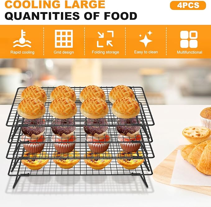 8Pcs Cooling Racks for Cooking and Baking, 8-Tier Stackable Roasting Rack, 13.4 x 9.4 Inch Carbon Steel Baking Rack for Oven Cooking, Roasting, Grilling Making Jerky (Black, 8Pcs)