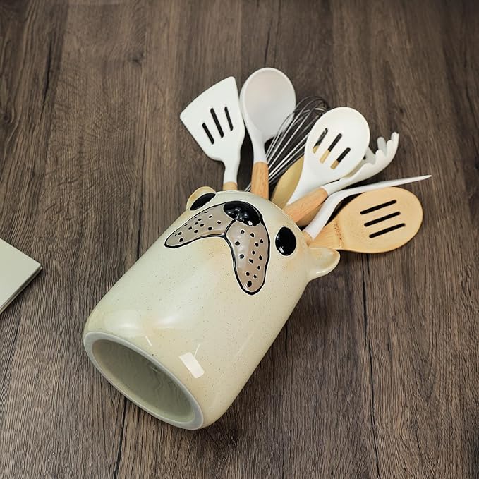 Ceramic Cartoon Animal Pattern Kitchen Utensil Holder, Large Cooking Utensil Crocks for Kitchen Countertop, Cartoon Style Utensil Organizer for Spatula, Kitchen, Home Decoration-Bulldog
