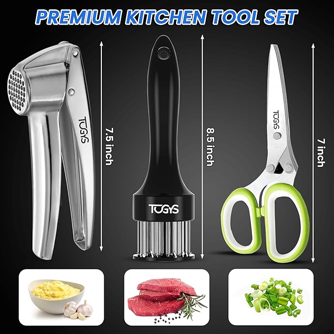 3-in-1 Premium Kitchen Tool Set - Heavy Duty Stainless Steel Garlic Press, Herb Scissors & Meat Tenderizer - Rust-Proof, Dishwasher Safe Cooking Gadgets - Ideal Gift for Home Chefs