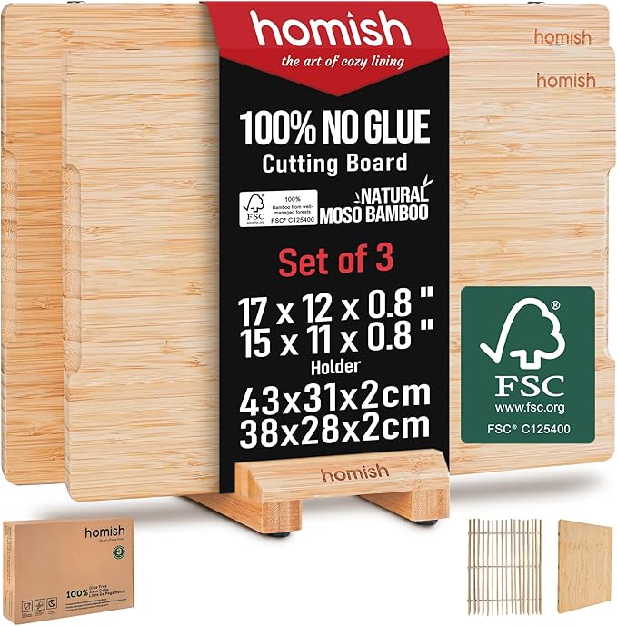 Bamboo Cutting Boards Set with Stand - 3 Piece Charcuterie Board with Handle, Truly Glue Free, Non Toxic Wood Chopping Serving Boards for Kitchen Gift Set - Dishwasher Safe [New 2026 Upgrade]