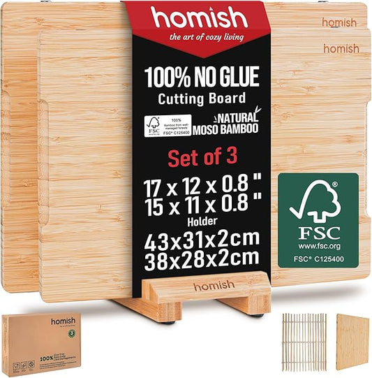 Bamboo Cutting Boards Set with Stand - 3 Piece Charcuterie Board with Handle, Truly Glue Free, Non Toxic Wood Chopping Serving Boards for Kitchen Gift Set - Dishwasher Safe [New 2026 Upgrade]