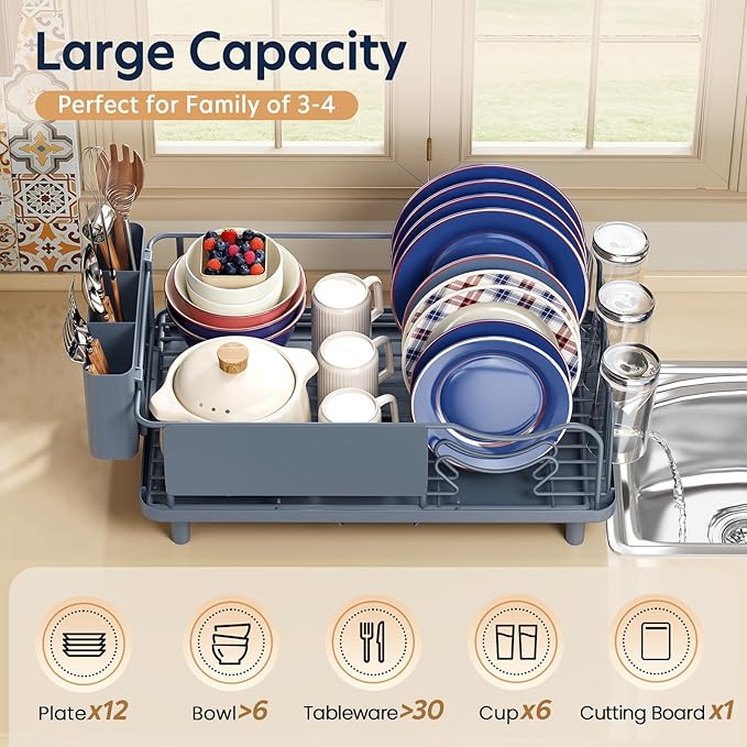 Dish Drying Rack Large Capacity - Stainless Steel Dish Rack for Kitchen Counter with Drain Board, Rustproof Dish Drainer with Auto Drain Spout, Utensil Holder & Glass Holder, Dinnerware Organizer