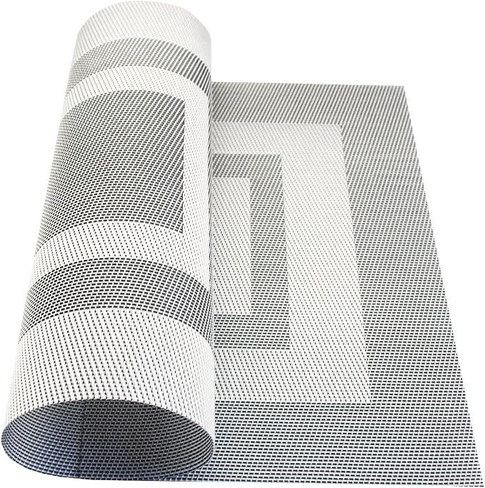 PIGCHCY Placemats Set of 8 Washable Durable Place Mats Vinyl Heat Resistant Non-Slip Table Mats Indoor Outdoor (18 x 12 inches, Silver Black)