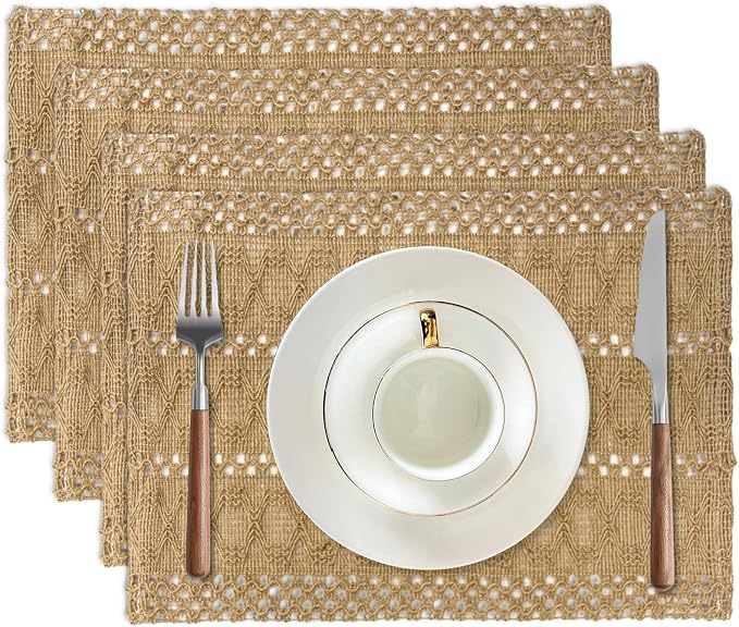 Niviy Burlap Placemats Set of 4, 12x18 Inch Natural Cotton Jute and Kitchen Woven Placemats with Tassels for Dining Table Centerpiece Thanksgiving Home Decorations
