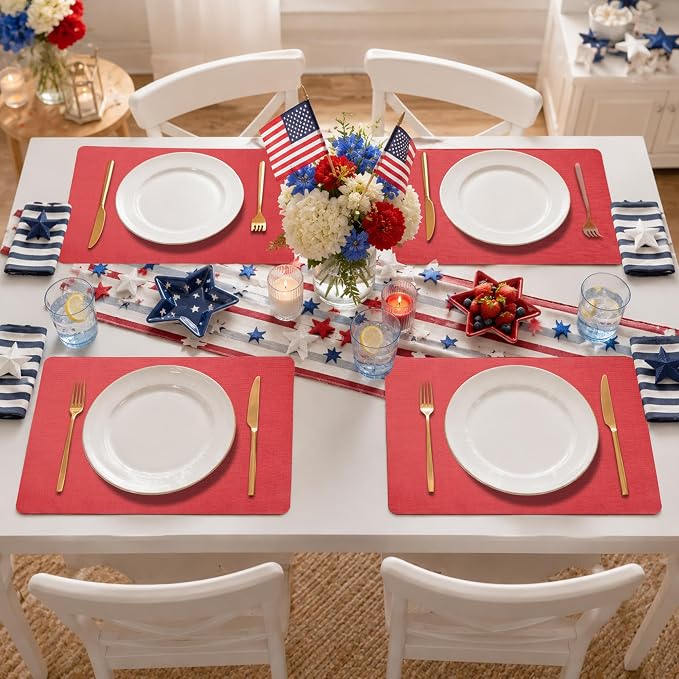 Maxpearl Red Placemats Set of 6, Faux Leather Dining Table Mats -Waterproof - Wipe Clean - Heat Resistant - Anti Slip, Suitable for Indoor & Outdoor Use, 17''×12''