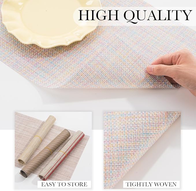 BACKTOEDEN Placemats Set of 6 Heat Resistant Washable Wipeable Placemat Woven Non-Slip Foldable Vinyl/Plastic Place Mats Indoor/Outdoor Mat Kitchen Dining Table Pad, Bright Silk Colorful