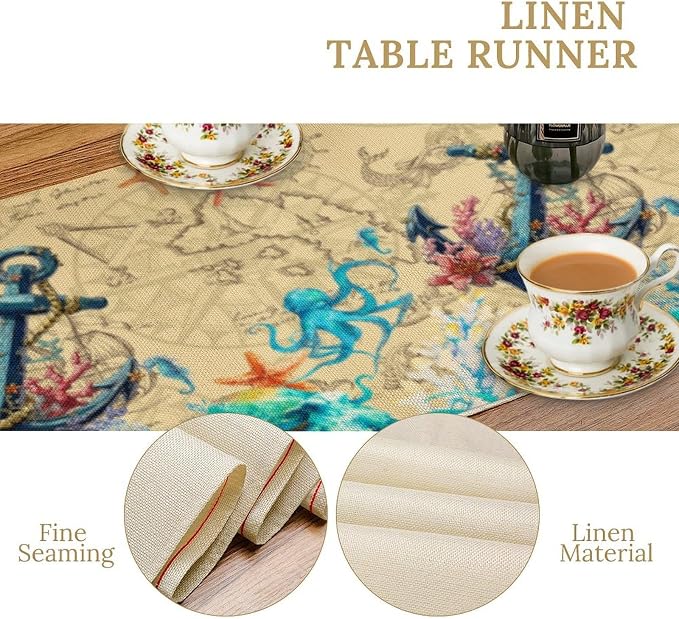 Nautical Anchor Table Runner, Vintage Old Treasure Map Watercolour Coral Plant Starfish Octopus Ship Anchor Table Decor Table Top Dining Kitchen Wedding Party 13x36 Inch