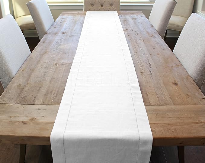 CleverDelights White Linen Hemstitch Table Runner - 16" x 90" - 100% Linen