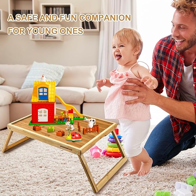 Bamboo Breakfast Tray for Bed - Bed Tray Table with Folding Legs for Eating - Foldable Food Tray with Handles - TV Lap Tray for Couch Adults Kids - Portable Bamboo Bed Tray with Legs for Laptop