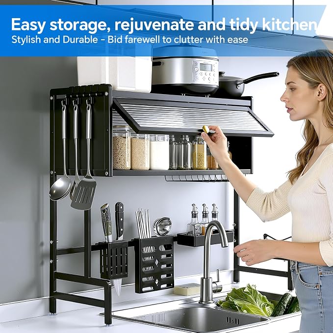 Over the Sink Dish Drying Rack 3 Tier with Cover – Rust Resistant Over Sink Dish Rack, Space Saving Tall Drying Rack for Kitchen, Dish Rack Over Sink Holds Dishes Glasses Bowls & Cutlery