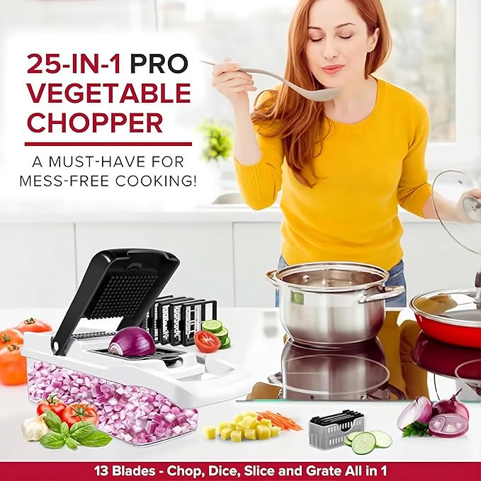 25-in-1 Vegetable Chopper, Onion Dicer, Food Slicer & Spiralizer with Container, Stainless Steel Blades, BPA-Free Multi-Function Kitchen Cutter for Meal Prep