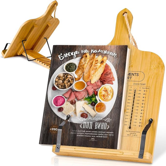 [Upgraded] Adjustable Bamboo Cookbook Stand with 7-Angles, Conversion Chart, Page Grips, Recipe Cookbook Holder for Kitchen Counter, Kitchen Book Stand for Cookbook, Textbook, Tablet, Gift for Women