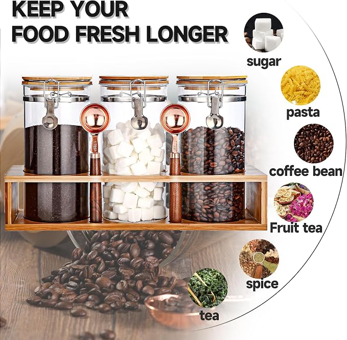 Glass Coffee Storage Container with Bamboo Shelf, 3PCS 49oz Airtight Sealed Coffee Bean Jar with Clamp Lid & Measuring Spoon, Kitchen Pantry Canister Set for Ground Coffee Sugar Tea Flour