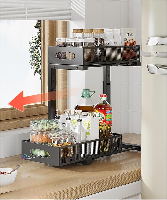 Metal Under Sink Organizer for Kitchen and Bathroom, With 3M Self Adhesive Holder, Slide Out Storage Rack, Adjustable Height, 2-Tier Easy Access Baskets, 4 Hanging Hooks