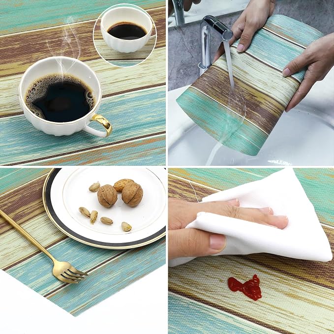 SHACOS Small Round Table Placemats Set of 5 Woven Vinyl Wedge Placemats with Centerpiece Round Table Mats Wipe Clean, Teal Brown Stripe Wood Board