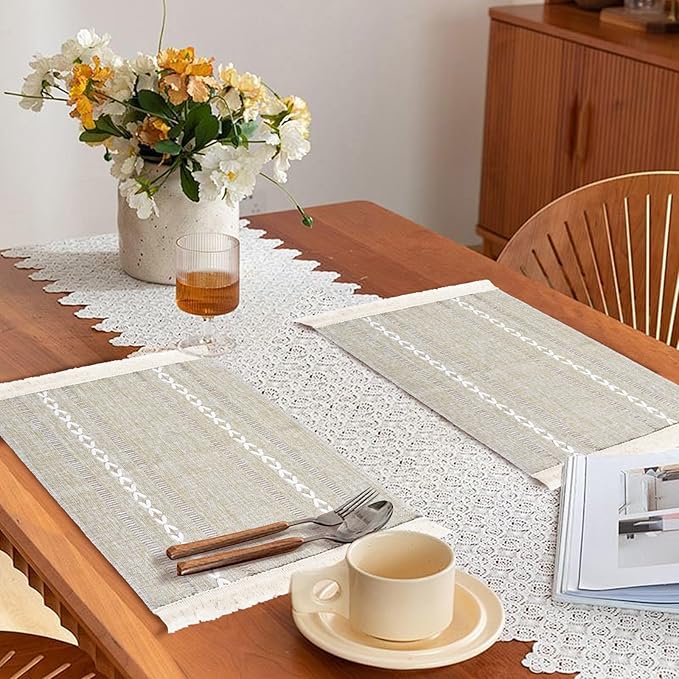 Placemats Set of 6, Boho Hemstitch Place Mats with Fringe, Washable Cotton Linen Table Mats for Dining Table, Rustic Farmhouse Kitchen Decor Home Decor