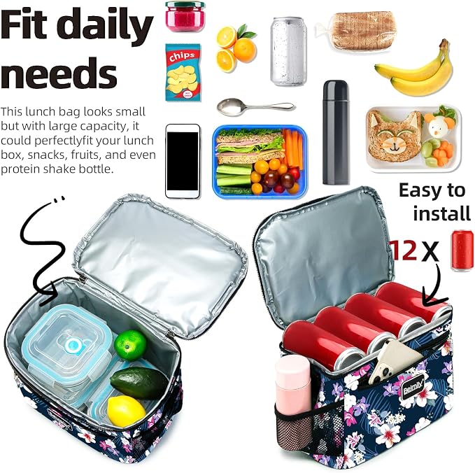 BEIMILY Lunch Box for Men/Women, Small Insulated Lunch Bag, Leak-Proof Soft Cooler Tote Bag, Reusable LunchBox for Work, Travel, Fitness, Picnic with Adjustable Shoulder Strap for Adults(floral white)