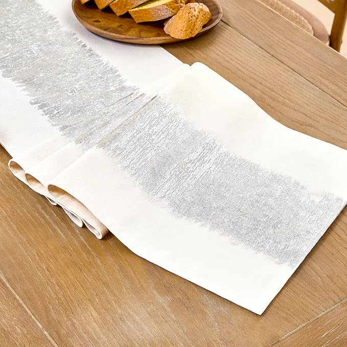 Metallic Style Table Runner, Cotton and Linen Silver Table Runners 60 inches Long,Pre-Pressed Metal Striping Process, Birthday Wedding Decorations for Home Living Room Decor(Silver, 13"x60")