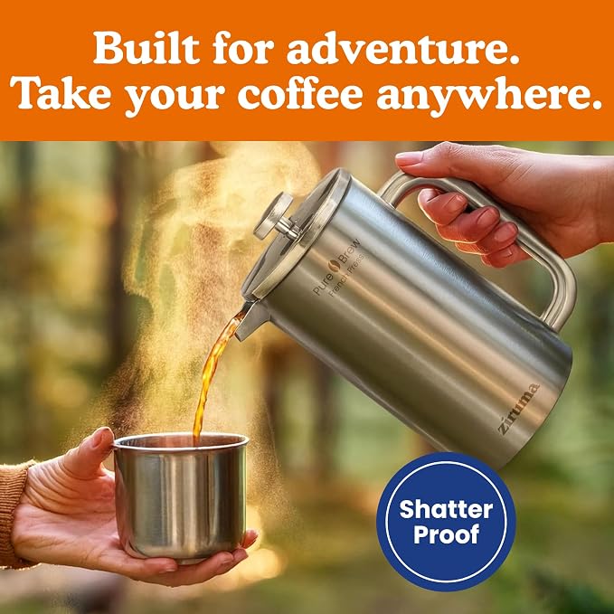 Ziruma Non-Toxic Stainless Steel French Press, No Plastic or Heavy Metals, 34 oz (Pack of 2)