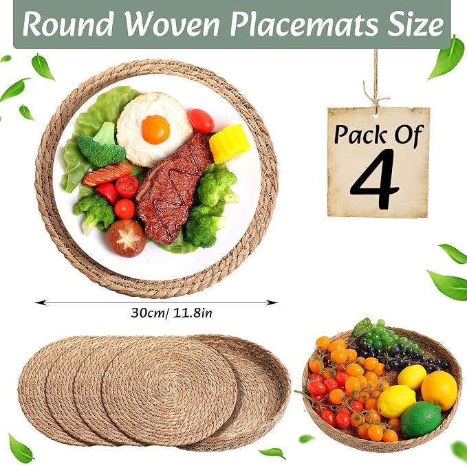 Boho Placemats 4/6/8 Set of Round Woven Placemat Macrame Style Bicolor Stitching Long Table Runner Farmhouse Rustic Natural Burlap Cotton for Kitchen Dining Table(4 Sets,Green,12x72)