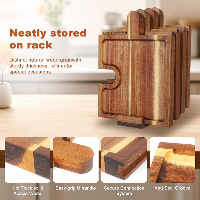 Wooden Charcuterie Boards Set of 4, Puzzle Serving Trays with Stand | Made from acacia wood,4-piece puzzle design,portable,18 inch ideal for charcuterie,snacks,appetizers,parties and gatherings