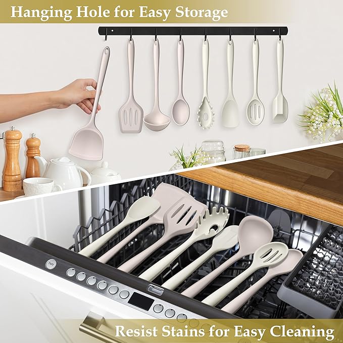 LIANYU 8Pcs Kitchen Utensils Set, Silicone Cooking Utensils Spatula Set for Nonstick Cookware, Include Silicone Spatula, Ladle, Turner, Spoon, Heat Resistant, Dishwasher Safe, Khaki White