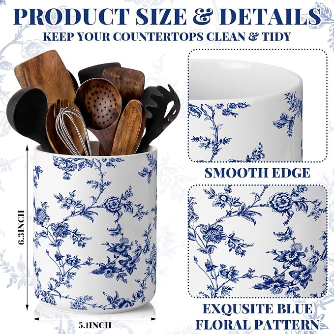 Suclain Blue Floral Ceramic Utensil Holder 6.3 Inch Chinoiserie Vintage Kitchen Crock Blue and White Floral Countertop Storage Organizer for Spatulas and Spoons Home Cooking Unique Gift Idea