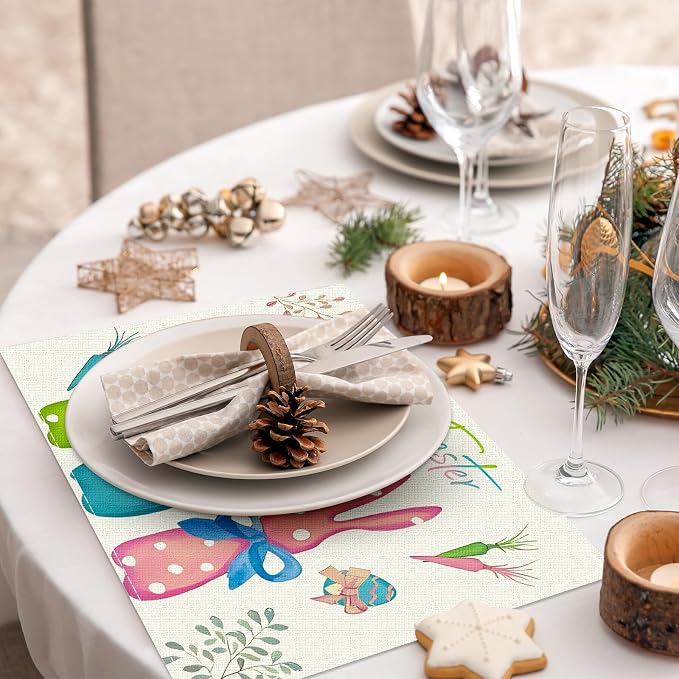 Niviy Green Blue Pink Rabbit Bunny Easter Placemats Set of 6, 12x18 Inch Spring Jesus Easter Table Mats for Holiday Party Kitchen Dining Room Decoration