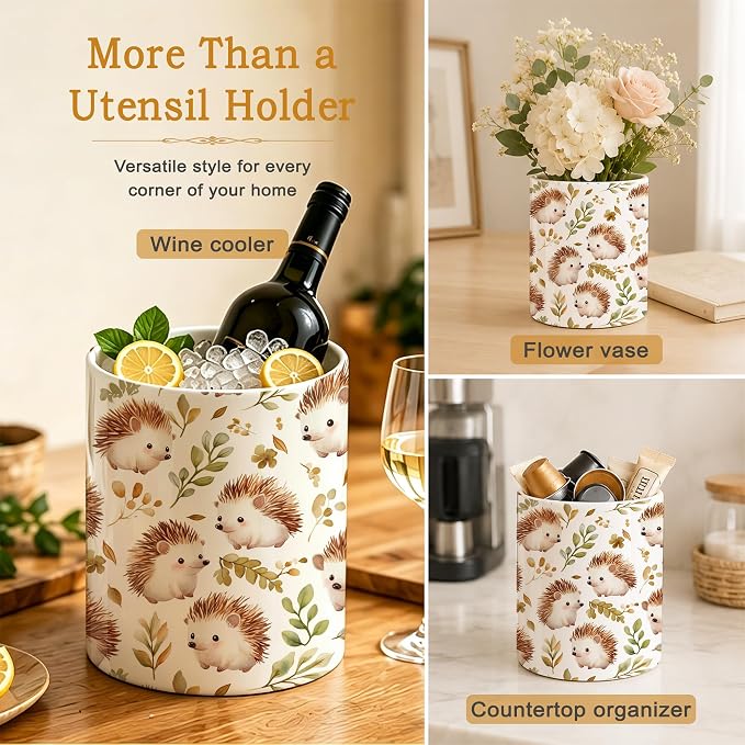 Ceramic Kitchen Utensil Holder for Countertop,Cute Hedgehog Large Utensil Crock for Kitchen Counter,Cooking Utensil Organizer for Spatulas,Spoons