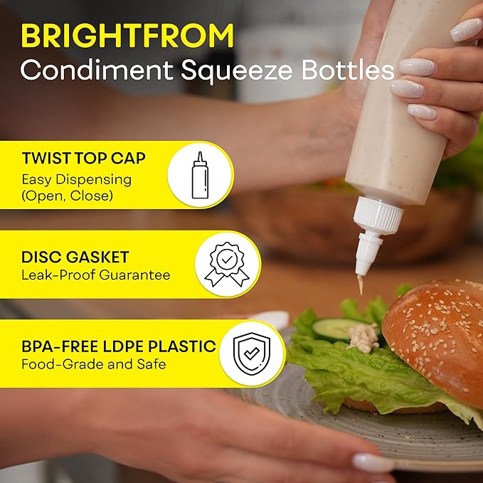BRIGHTFROM Condiment Squeeze Bottles, 8 OZ Empty Squirt Bottle with Twist Top Cap, Leak Proof - Great for Ketchup, Mustard, Syrup, Sauces, Dressing, Oil, Arts and Crafts, BPA FREE Plastic - 3 PACK