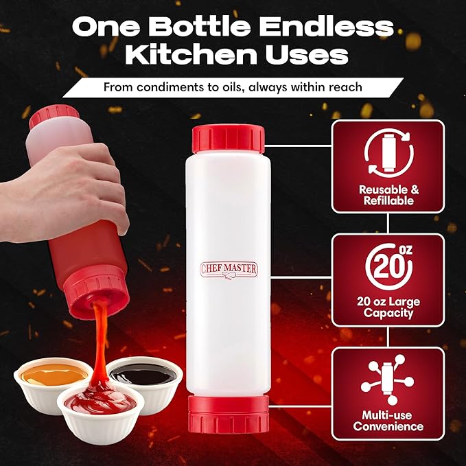 Chef Master 20 Oz. Squeeze Bottles for Sauces (6-Pack) - FIFO, Inverted - Condiment Squeeze Bottles for Liquids, Sauces, Batter & Dressing - Fill & Flip, Refillable - For Restaurants & Diners - 90291