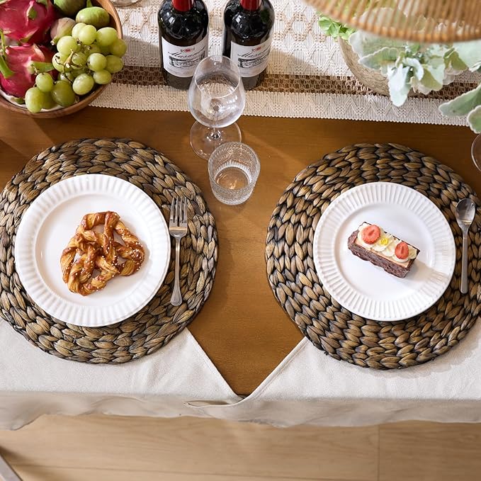 Round Woven Placemats Set of 4, Natural Water Hyacinth Place Mats, Boho Wicker Placemats, Table Mats for Dining Table (13.8 inch) Black by YANGQIHOME