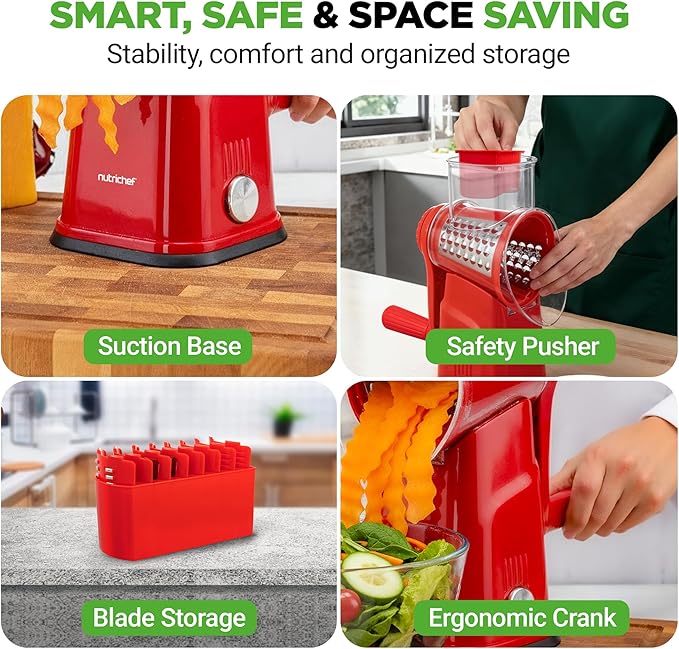 NutriChef 5 in 1 Cheese Grater & Shredder | 5 Different Blades for Thin, Thick, Julienne Strips, Wavy, & Straight Strips | Includes Hand Crank, Strong Suction Base & Storage Container | Red
