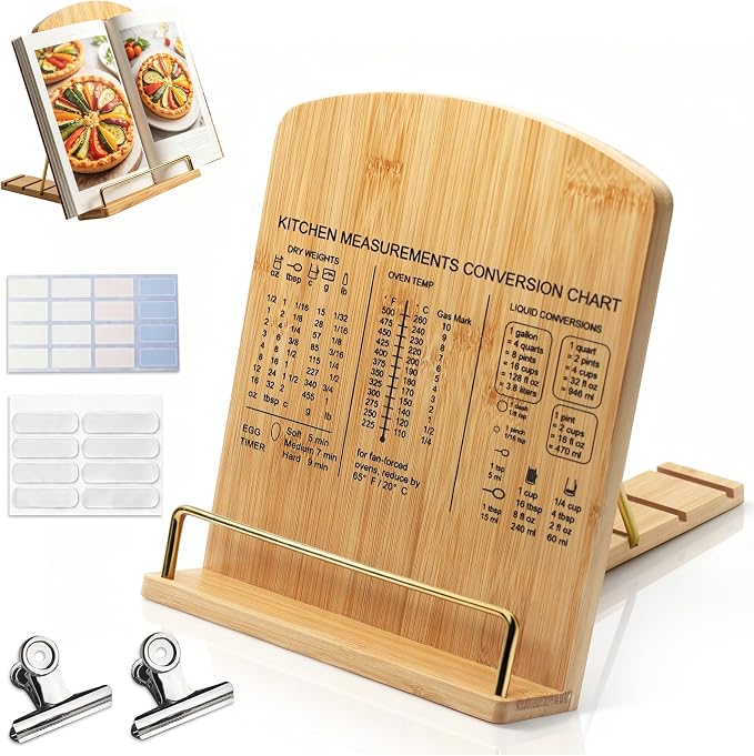 Adjustable Bamboo Cookbook Stand for Kitchen Counter – Multi-Functional Recipe Holder for Tablets, Cookbooks, Magazines & Textbooks – Perfect Kitchen Gift for Women (Kitchen Conversion Chart)