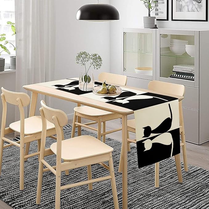 Cartoon Cat Table Runner, Black and White Minimalist Style Abstract Cartoon Patchwork Cat Plant Table Decor Table Top Dining Kitchen Wedding Party 13x108 Inch
