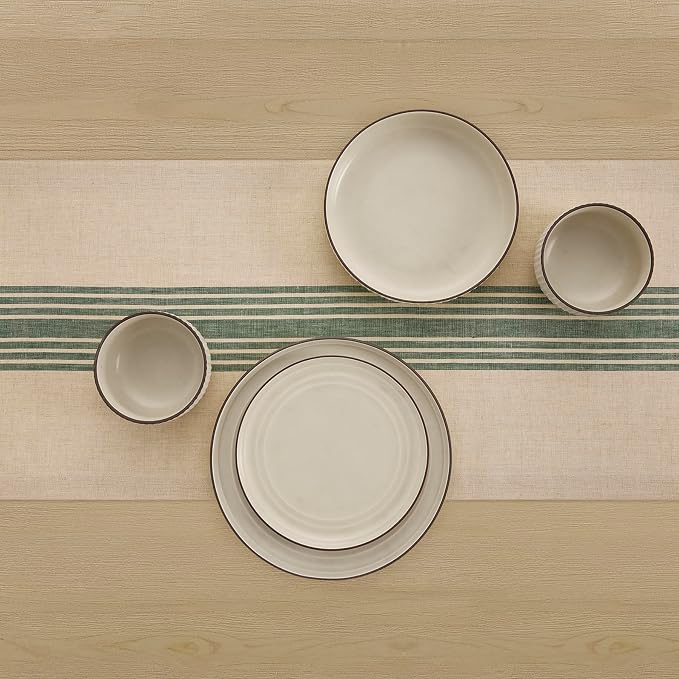 Solino Home Stripe Linen Table Runner 144 Inches Long - 100% Pure Linen Green and Natural Farmhouse Table Runner 14 x 144 Inch for Dining, Summer