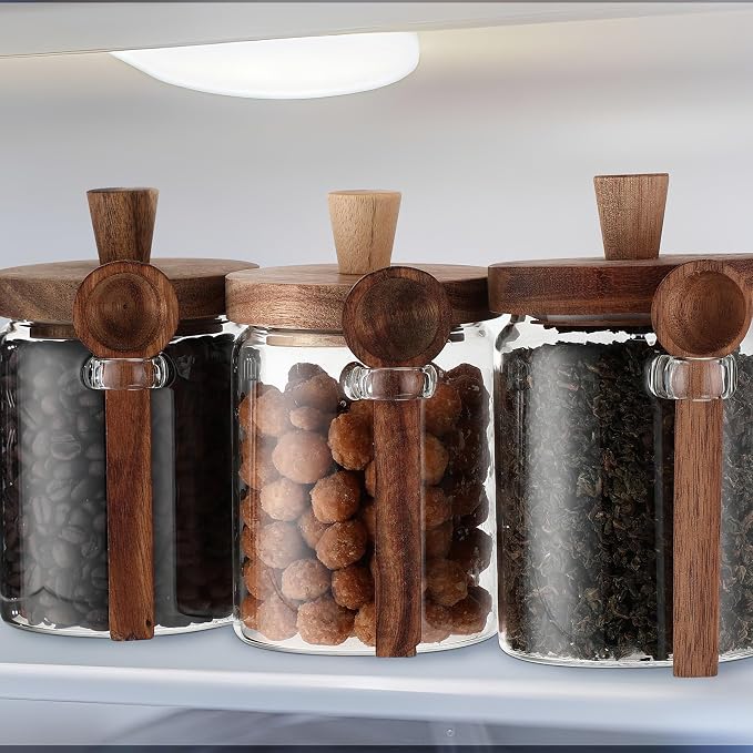 Remerry Set of 6 Glass Jar with Wooden Lid and Spoon, 20 oz Coffee Bean Tea Sugar Jar Set, Clear Airtight Spice Canisters Glass Food Storage Kitchen Containers for Coffee Bean Tea Sugar