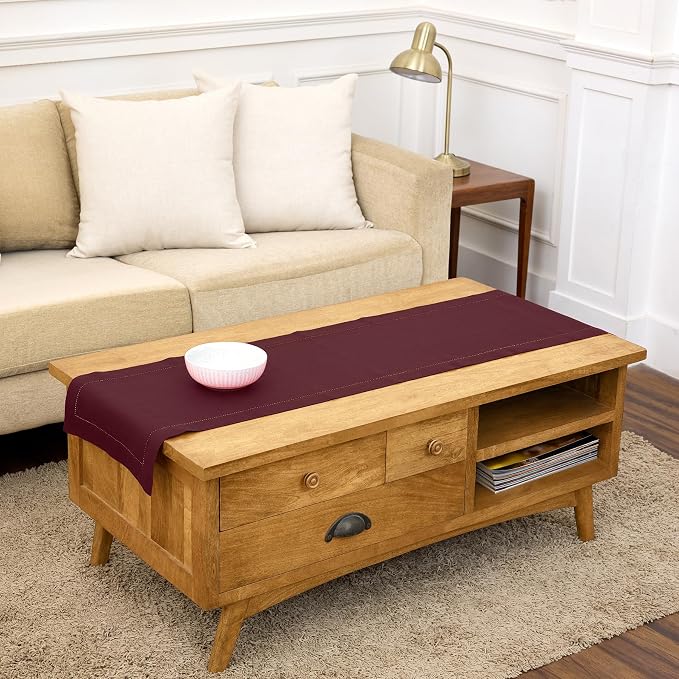 Solino Home Linen Table Runner 48 Inches - 100% Pure Linen Burgundy Hemstitch Table Runner 14 x 48 Inch Ideal for Dresser and Coffee Tables - Classic Hemstitch