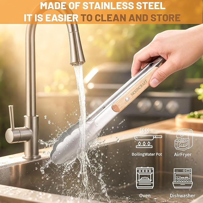 9+12 inch Stainless Steel Kitchen Tongs for cooking with Wood Handle, Set of 2