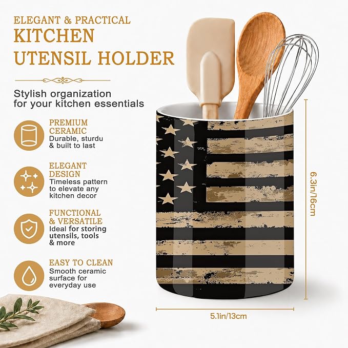 Kitchen Utensil Holder,Retro Flag Ceramic Utensil Crock for Countertop,Cooking Tools Storage jar for Spatulas and Spoons,Housewarming Gifts 6.3"