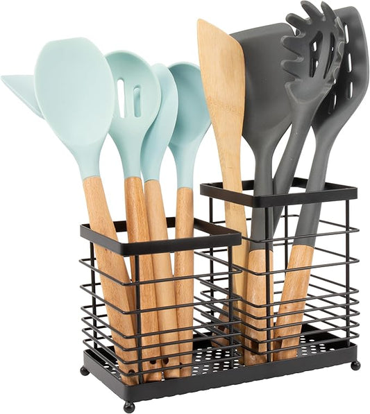 RedCall Utensil Holder for Countertop,Stainless Steel Kitchen Holder,2-In-1 Spoon Spatula Holder for Kitchen Counter,Large Wire Utensils Organizer,Cooking Tool Holder Storage Crock (2 Compartment)