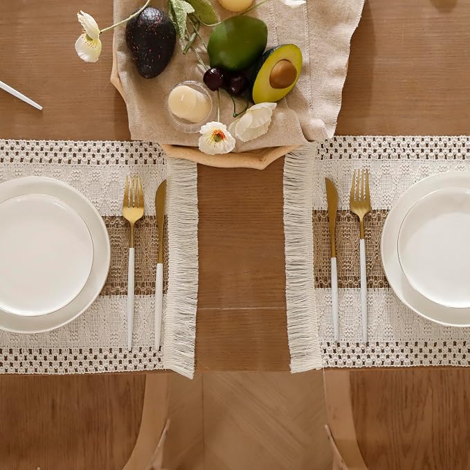 Farmhouse Placemats Set of 4 with Fringe Boho Placemats Macrame Table Decor Woven Placemats in Natural Burlap for Kitchen and Dining Table Centerpiece Home Decorations, Khaki