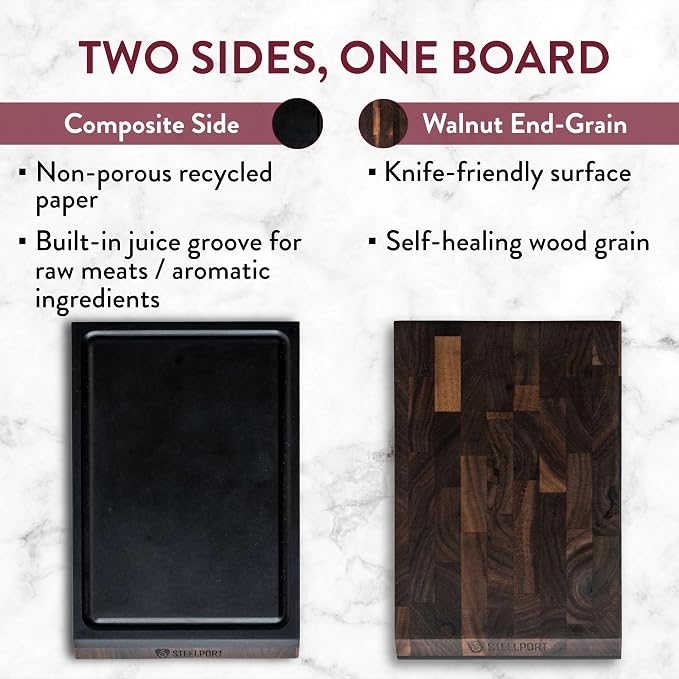 STEELPORT Small Cutting Board 9"x6" - Steel Reinforced, Utlra-thin Butcher Block | Dual Sided - End-grain Walnut Wood, Composite Side | Chopping Board with Juice Groove | USA Made for Home, Chefs