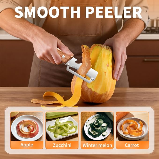 Multi-Functional Vegetable Peeler for Kitchen, Stainless Steel Sharp Blades Carrot Potato Peeler with Wooden Handle and Bottle Opener Kitchen Tool for Fruit Veggie Pumpkin Papaya Zucchini (1 Pcs)